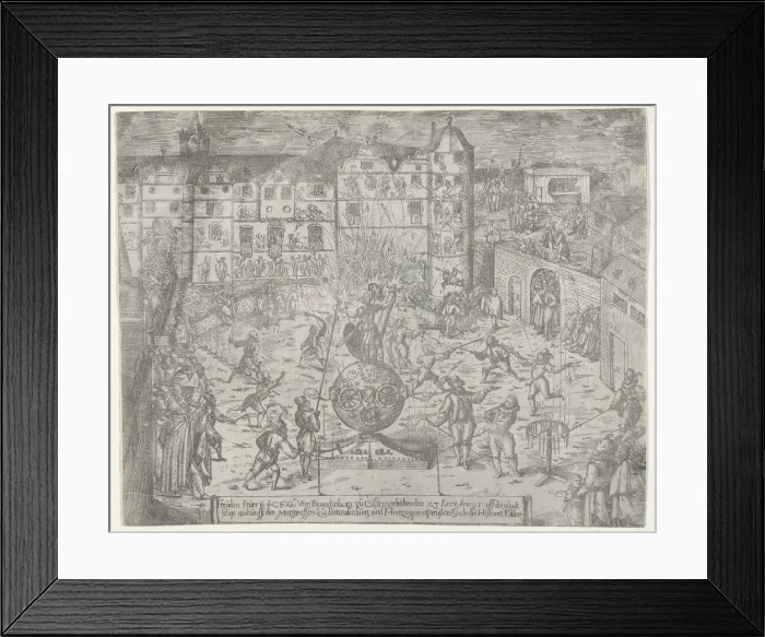 Framed Print : Fireworks on June 23, 1595, for the entry to Küstrin of the Margrave of Brandenburg and Du... 1595. Creator: Georg Keller Framed Print : Fireworks on June 23, 1595, for the entry to Küstrin of the Margrave of Brandenburg and Du... 1595. Creator: Georg Keller