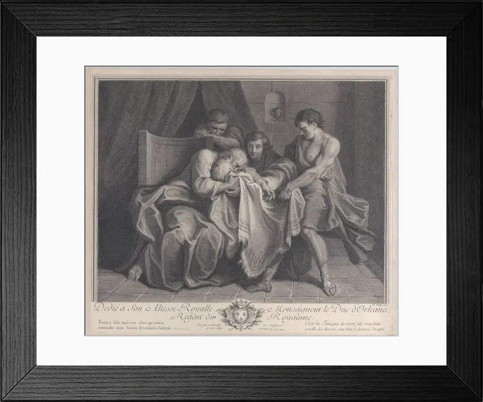 Framed Print : Jacob crying into his sons robe while his other sons pull it away from him, 1724 Framed Print : Jacob crying into his sons robe while his other sons pull it away from him, 1724