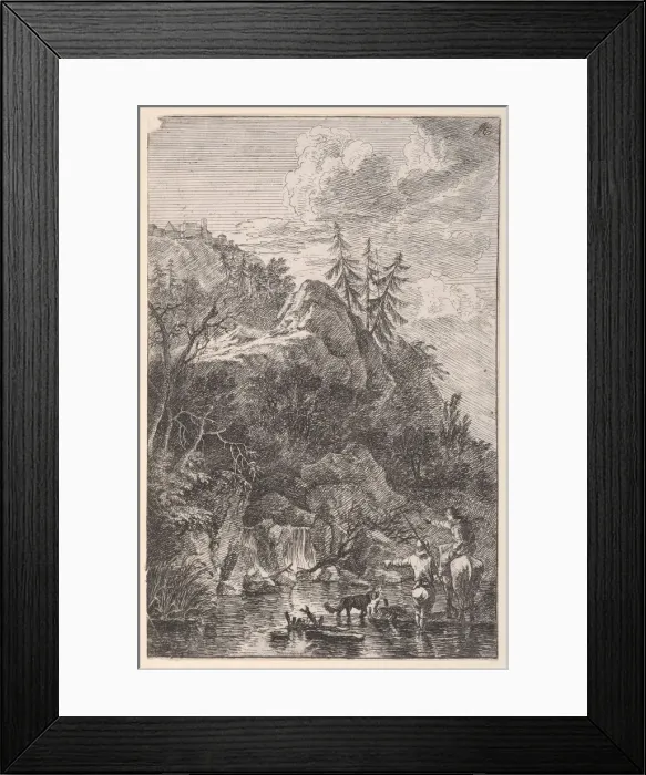 Framed Print : Plate 5: female figure on horseback and a male figure with a dog standing in a stre Framed Print : Plate 5: female figure on horseback and a male figure with a dog standing in a stre