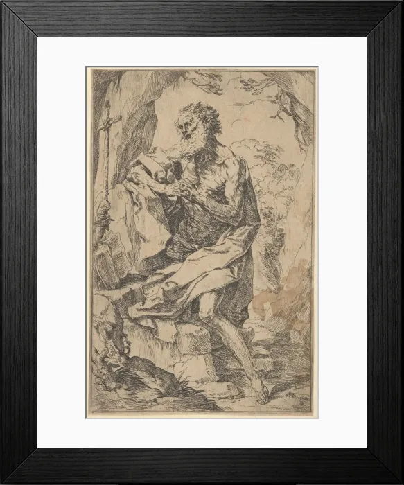 Framed Print : Saint Jerome kneeling on a rock in front of a cross and an open book facing left... ca Framed Print : Saint Jerome kneeling on a rock in front of a cross and an open book facing left... ca
