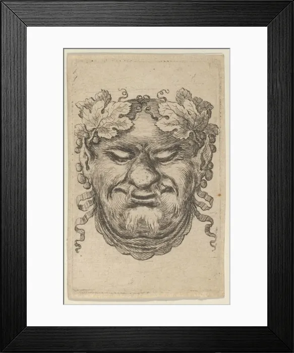 Framed Print : Mask of Bacchus with a Wreath of Grape Leaves and Ribbon, from Divers Masques, ca Framed Print : Mask of Bacchus with a Wreath of Grape Leaves and Ribbon, from Divers Masques, ca