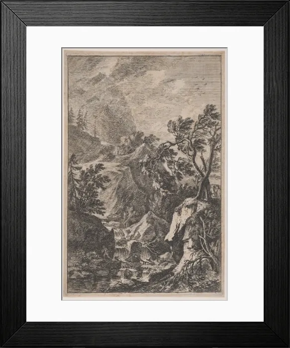 Framed Print : Plate 6: two male figures standing on a rock at right, a waterfall at center with a Framed Print : Plate 6: two male figures standing on a rock at right, a waterfall at center with a