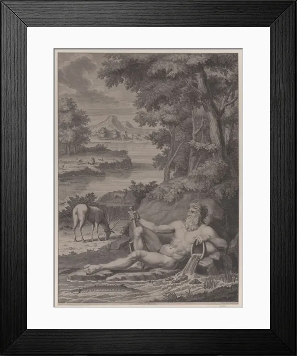 Framed Print : River god in a landscape, 1725. Creator: Frederik Ottens Framed Print : River god in a landscape, 1725. Creator: Frederik Ottens