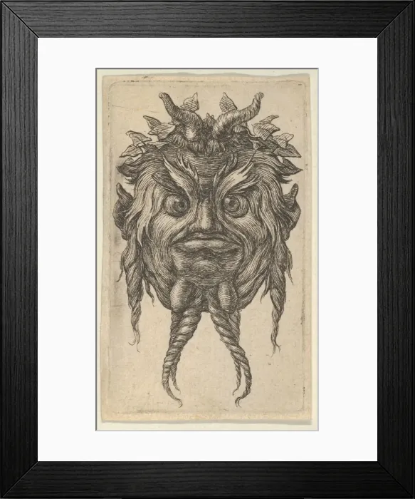 Framed Print : Satyr Mask with Horns and a Twisted Beard Wearing an Ivy Wreath, from Divers Masque Framed Print : Satyr Mask with Horns and a Twisted Beard Wearing an Ivy Wreath, from Divers Masque