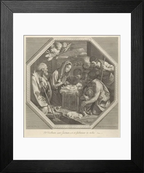 Framed Print : The adoration of the shepherds who kneel together at right before the infant Christ Framed Print : The adoration of the shepherds who kneel together at right before the infant Christ