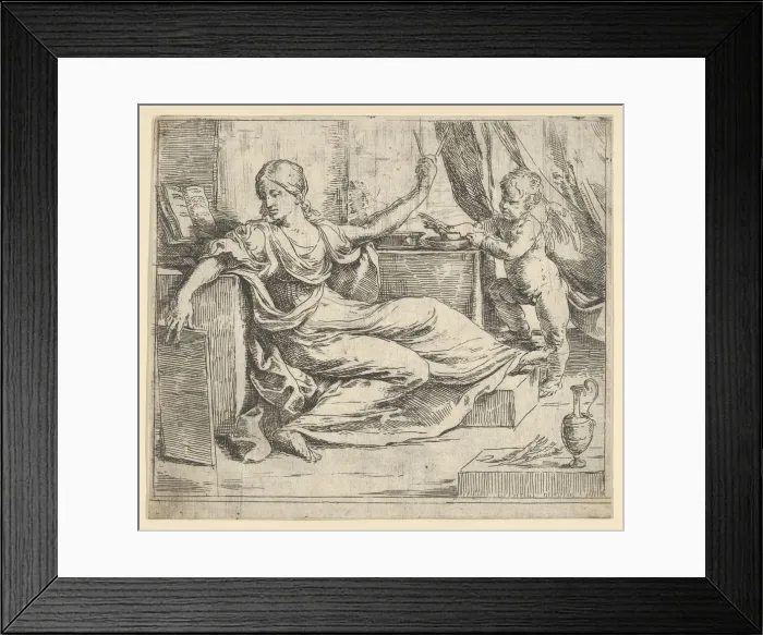 Framed Print : Seated woman holding a tablet and compass (allegory of learning), a winged putto... ca Framed Print : Seated woman holding a tablet and compass (allegory of learning), a winged putto... ca