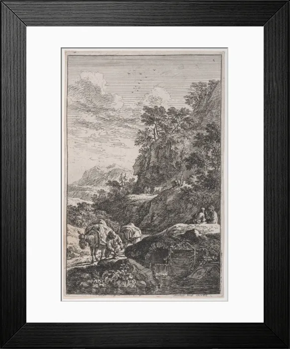 Framed Print : Plate 1: a peasant checking the hoof of his mule by a stream, from Landscapes in t