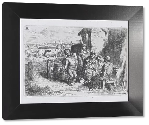 Plate 16: a group of people outdoors, including a man pouring wine or water from a vessel