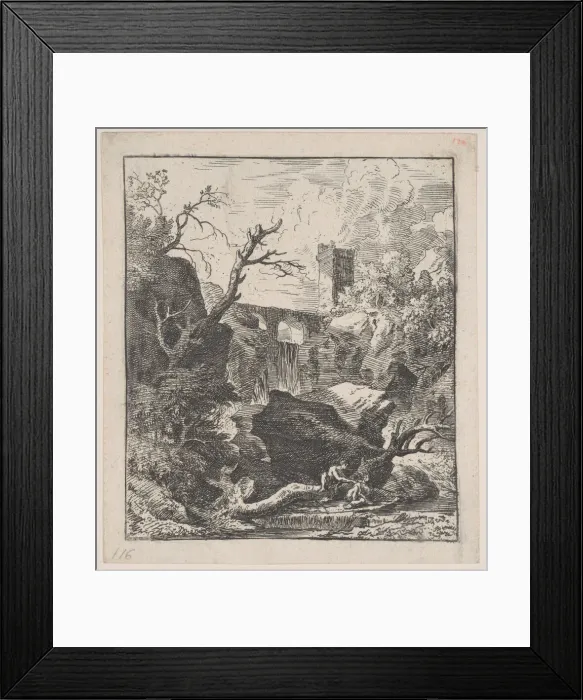 Framed Print : Plate 2: two figures sitting on a tree trunk on the bank of a stream in foreground