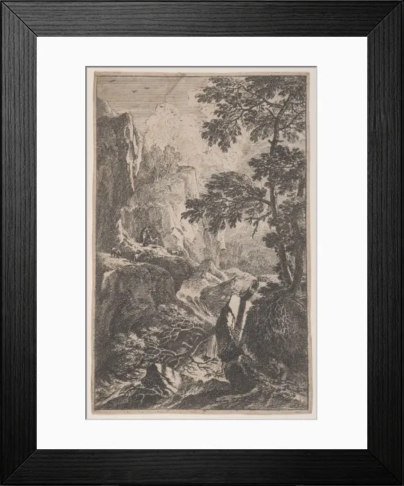 Framed Print : Plate 2: a hunter aiming with his gun, kneeling next to a large rock at right, a ma Framed Print : Plate 2: a hunter aiming with his gun, kneeling next to a large rock at right, a ma