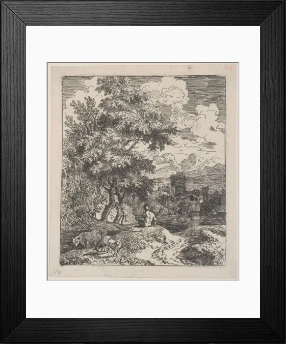 Framed Print : Plate 3: a shepherd seated on a hill, a cow and two sheep at left, and a town in ri Framed Print : Plate 3: a shepherd seated on a hill, a cow and two sheep at left, and a town in ri