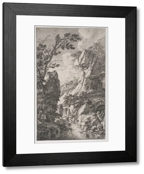 Framed Print : Plate 4: two fishermen on the bank of a stream at right, a waterfall at center, fro Framed Print : Plate 4: two fishermen on the bank of a stream at right, a waterfall at center, fro