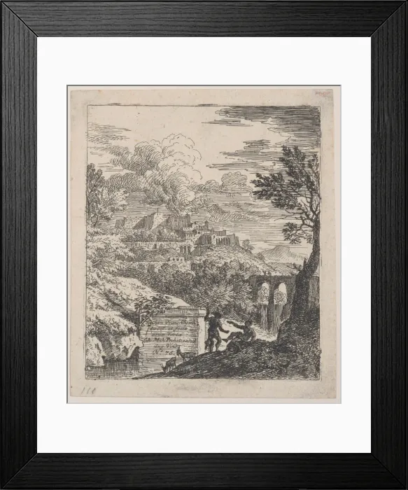 Framed Print : Two shepherds resting next to a pedestal, an aqueduct at right in the background, a Framed Print : Two shepherds resting next to a pedestal, an aqueduct at right in the background, a