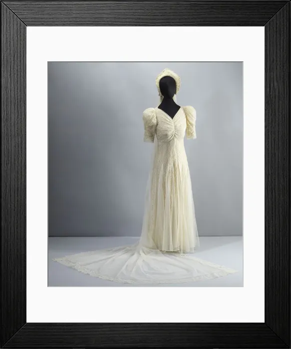 Framed Print : Wedding dress worn by Lollaretta Pemberton with veil and headpiece, 1939 Framed Print : Wedding dress worn by Lollaretta Pemberton with veil and headpiece, 1939