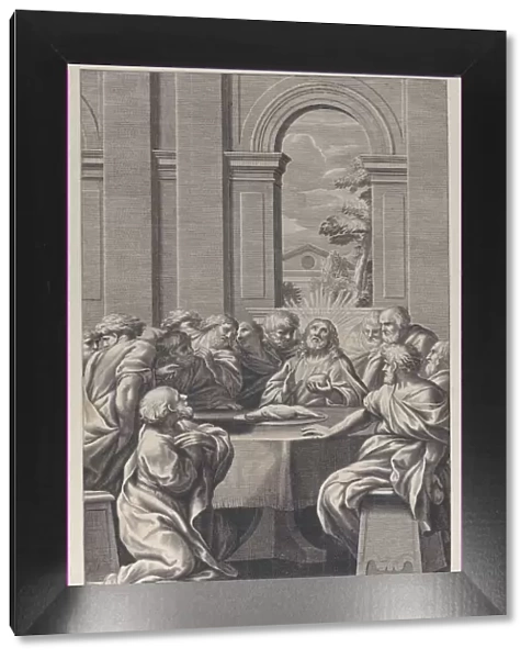 The Last Supper, the interior of a classical building with Christ and his apostles seat