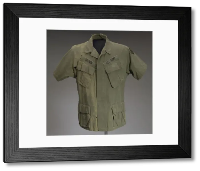 Framed Print : Military fatigue shirt worn by James E. Brown of the 20th Engineer Brigade, ca. 1967 Framed Print : Military fatigue shirt worn by James E. Brown of the 20th Engineer Brigade, ca. 1967