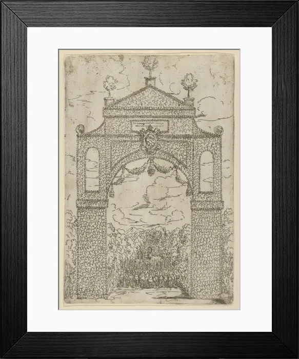 Framed Print : Triumphal arch covered in foliage with mounted troops below Framed Print : Triumphal arch covered in foliage with mounted troops below
