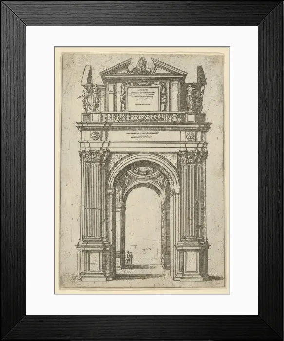Framed Print : Triumphal arch surmounted by woman seated on a dolphin, four standing figures below Framed Print : Triumphal arch surmounted by woman seated on a dolphin, four standing figures below