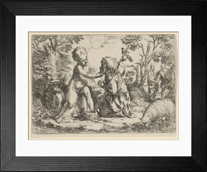 Framed Print : Young Saint John the Baptist kneeling before the infant Christ who caresses his f... ca Framed Print : Young Saint John the Baptist kneeling before the infant Christ who caresses his f... ca