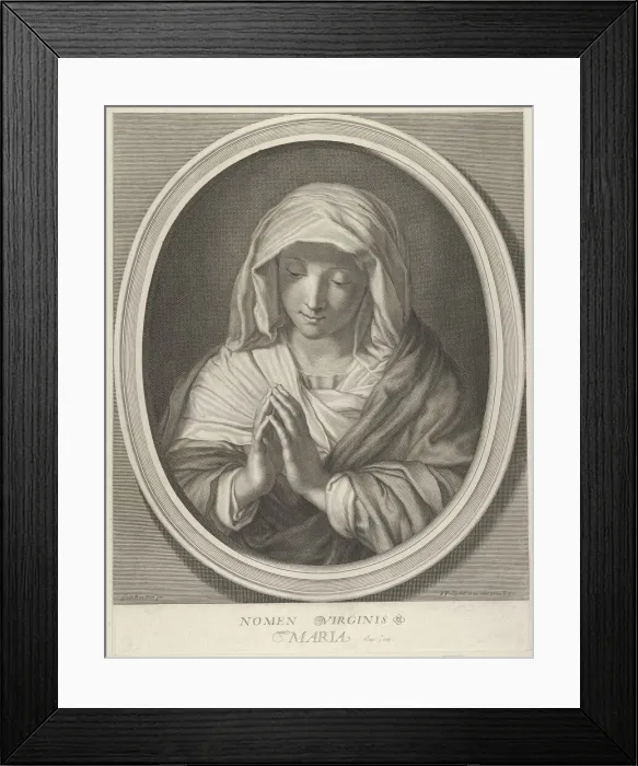 Framed Print : The Virgin in prayer looking down, in an oval frame, after Reni, 1640-93 Framed Print : The Virgin in prayer looking down, in an oval frame, after Reni, 1640-93