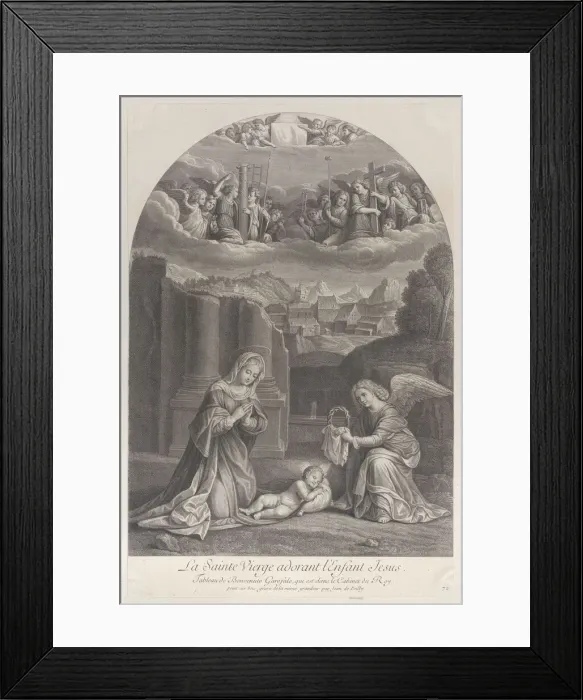 Framed Print : The Virgin Mary adoring the Christ child, an angel holding a crown of thorns at right Framed Print : The Virgin Mary adoring the Christ child, an angel holding a crown of thorns at right