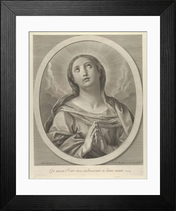 Framed Print : The Virgin in prayer, looking up with clouds behind her, in an oval frame, after Reni Framed Print : The Virgin in prayer, looking up with clouds behind her, in an oval frame, after Reni