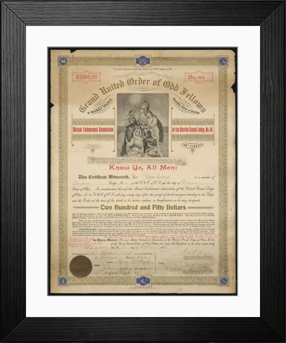 Framed Print : Certificate of endowment for the Grand United Order of Odd Fellows, October 15, 1908 Framed Print : Certificate of endowment for the Grand United Order of Odd Fellows, October 15, 1908