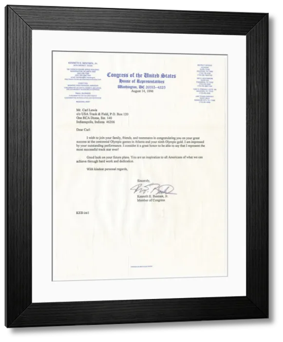 Framed Print : Letter from US Representative Kenneth E. Bentsen, Jr. to Carl Lewis, August 14, 1996 Framed Print : Letter from US Representative Kenneth E. Bentsen, Jr. to Carl Lewis, August 14, 1996