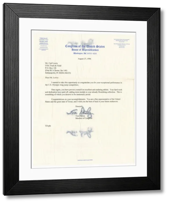 Framed Print : Letter from US Representative Tom DeLay to Carl Lewis, August 27, 1996. Creator: Unknown Framed Print : Letter from US Representative Tom DeLay to Carl Lewis, August 27, 1996. Creator: Unknown