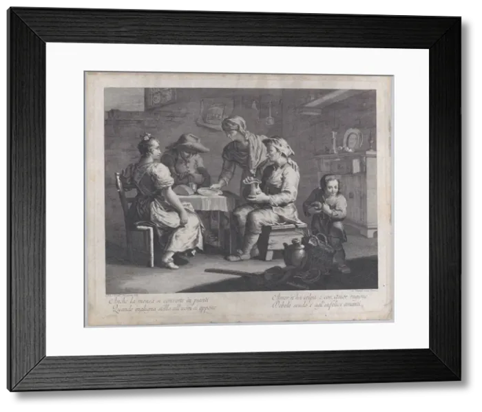Framed Print : Three people seated around a table at left as a man brings an empty plate... 1760-70 Framed Print : Three people seated around a table at left as a man brings an empty plate... 1760-70