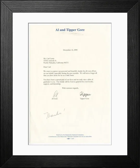 Framed Print : Letter from Vice President Al Gore and his wife Tipper Gore to Carl Lewis, December 16 Framed Print : Letter from Vice President Al Gore and his wife Tipper Gore to Carl Lewis, December 16