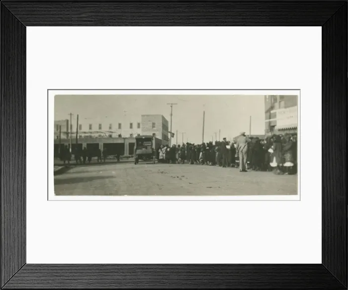 Framed Print : Photograph of people standing in a line on a street in Tulsa, Oklahoma, ca. 1920 Framed Print : Photograph of people standing in a line on a street in Tulsa, Oklahoma, ca. 1920