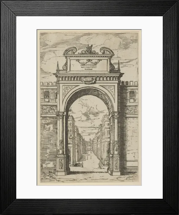 Framed Print : Triumphal arch surmounted by a statue of Moses, buildings seen through the arch below Framed Print : Triumphal arch surmounted by a statue of Moses, buildings seen through the arch below