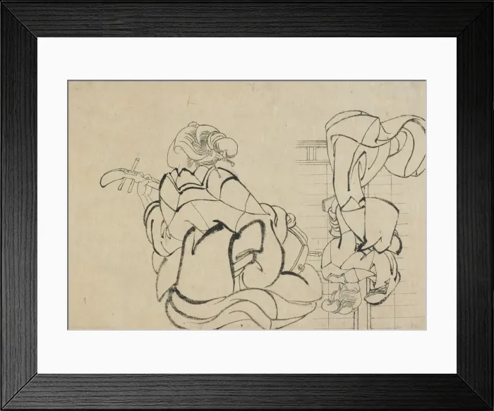 Framed Print : Two sketches: lady playing samisen and lady with back to observer Framed Print : Two sketches: lady playing samisen and lady with back to observer