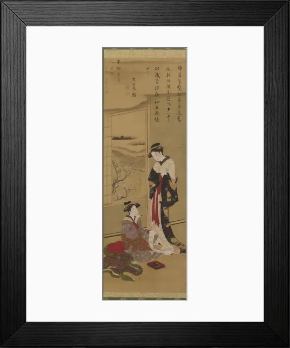 Framed Print : Interior: a courtesan writing; another looking on, late 18th-early 19th century Framed Print : Interior: a courtesan writing; another looking on, late 18th-early 19th century
