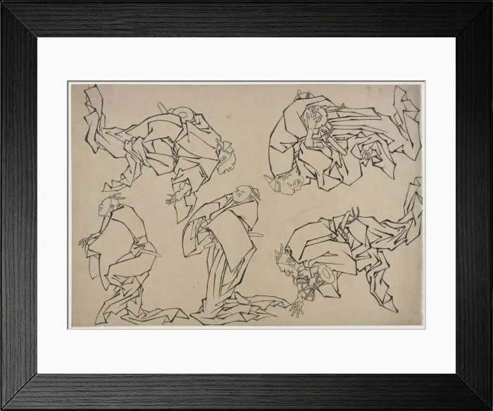 Framed Print : Five musicians playing drums, late 18th-early 19th century. Creator: Hokusai