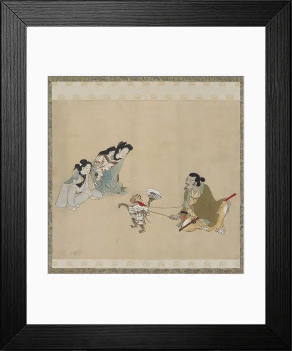 Framed Print : Monkey trainer and monkey performing a dance, Edo period, late 17th century Framed Print : Monkey trainer and monkey performing a dance, Edo period, late 17th century