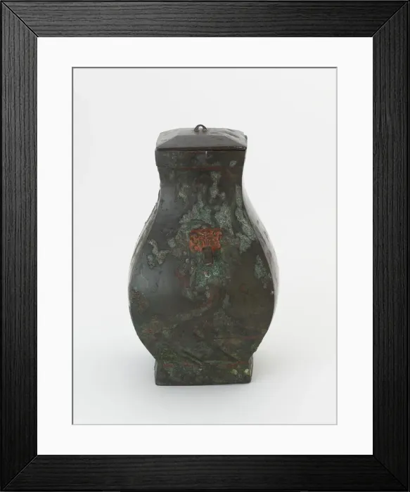 Framed Print : Lidded square ritual wine vessel (fanghu) with painted decoration, Han dynasty Framed Print : Lidded square ritual wine vessel (fanghu) with painted decoration, Han dynasty