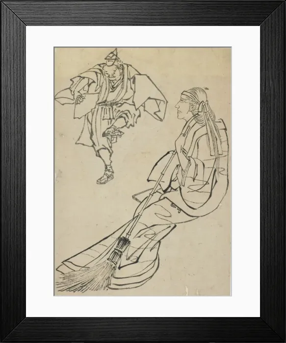 Framed Print : Old woman seated on bench before whom a man with fan dances, late 18th-early 19th century Framed Print : Old woman seated on bench before whom a man with fan dances, late 18th-early 19th century