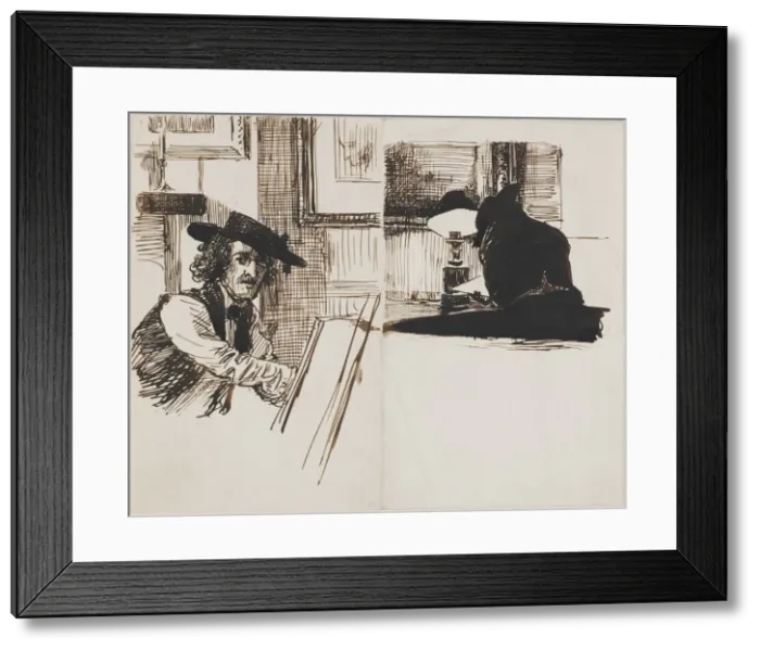 Framed Print : Whistler drawing Poynter; back view of a man seated at a table near a lighted lamp, 1860 Framed Print : Whistler drawing Poynter; back view of a man seated at a table near a lighted lamp, 1860
