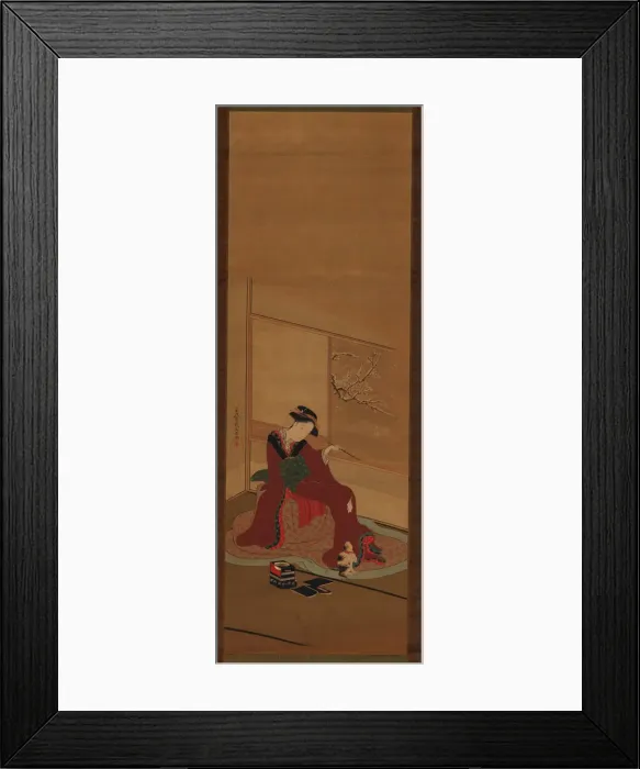 Framed Print : Interior: a girl and a kitten, Edo period, late 18th century. Creator: Katsukawa Shuncho Framed Print : Interior: a girl and a kitten, Edo period, late 18th century. Creator: Katsukawa Shuncho