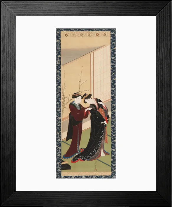 Framed Print : Interior: a woman helping a girl to dress, Edo period, 1726-1792 Framed Print : Interior: a woman helping a girl to dress, Edo period, 1726-1792