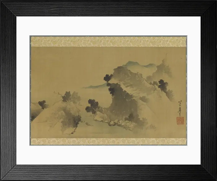 Framed Print : Landscape: mountains, stream and boats, late 18th-early 19th century. Creator: Hokusai Framed Print : Landscape: mountains, stream and boats, late 18th-early 19th century. Creator: Hokusai
