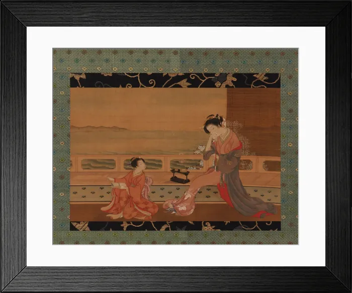 Framed Print : Two girls on a balcony overlooking the sea, Edo period, 1739-1820 Framed Print : Two girls on a balcony overlooking the sea, Edo period, 1739-1820