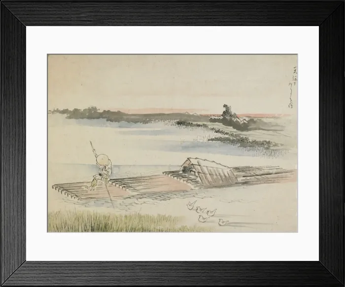 Framed Print : Landscape: boatman poling his raft, late 18th-early 19th century. Creator: Hokusai Framed Print : Landscape: boatman poling his raft, late 18th-early 19th century. Creator: Hokusai