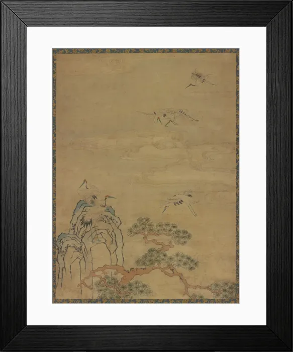 Framed Print : Tapestry with cranes, rocks, pines, and clouds, Ming dynasty, 1368-1644. Creator: Unknown Framed Print : Tapestry with cranes, rocks, pines, and clouds, Ming dynasty, 1368-1644. Creator: Unknown