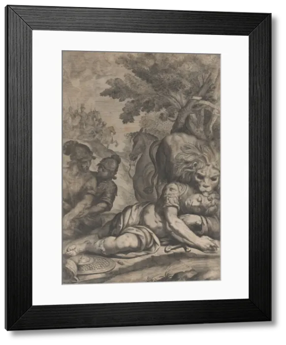 Framed Print : A lion atop a fallen horseman at right, with two other soldiers at left, 1640-70 Framed Print : A lion atop a fallen horseman at right, with two other soldiers at left, 1640-70