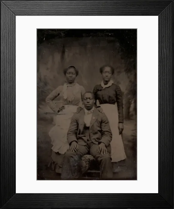 Framed Print : Untitled (Portrait of Two Standing Women and One Seated Man), 1880. Creator: Unknown Framed Print : Untitled (Portrait of Two Standing Women and One Seated Man), 1880. Creator: Unknown