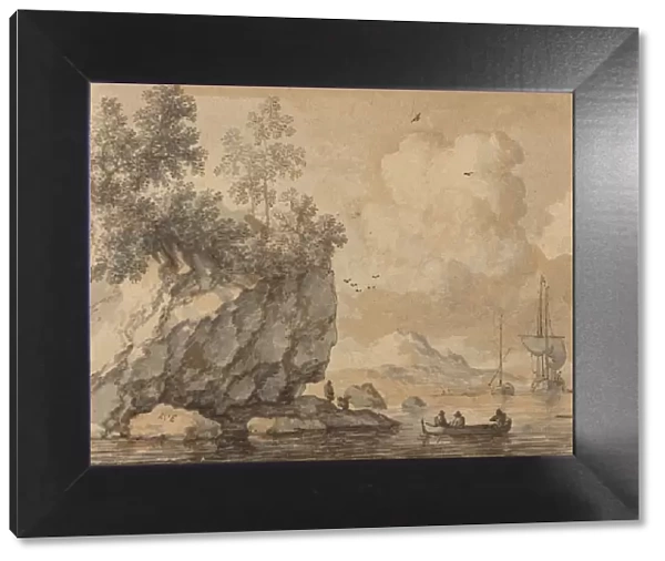 Figures in Rowing Boats in a Rocky Cove, Sailing Ships Beyond