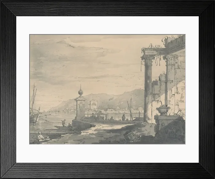 Framed Print : A coastal scene with a classical ruin at right, 1811. Creator: George Hawkins Framed Print : A coastal scene with a classical ruin at right, 1811. Creator: George Hawkins